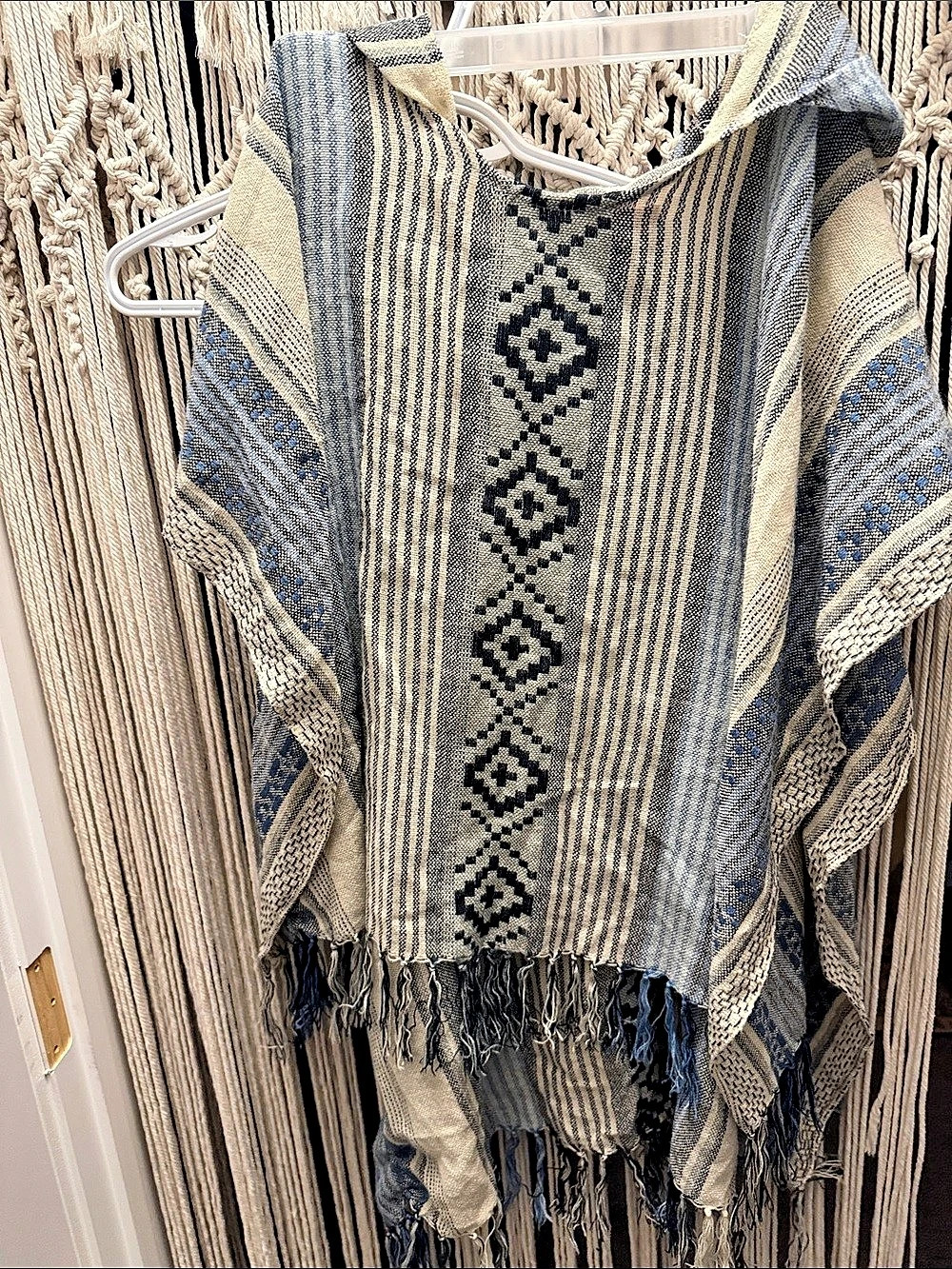 Vintage Theodora Callum Geometric Fringe Tunic in Blue & Cream